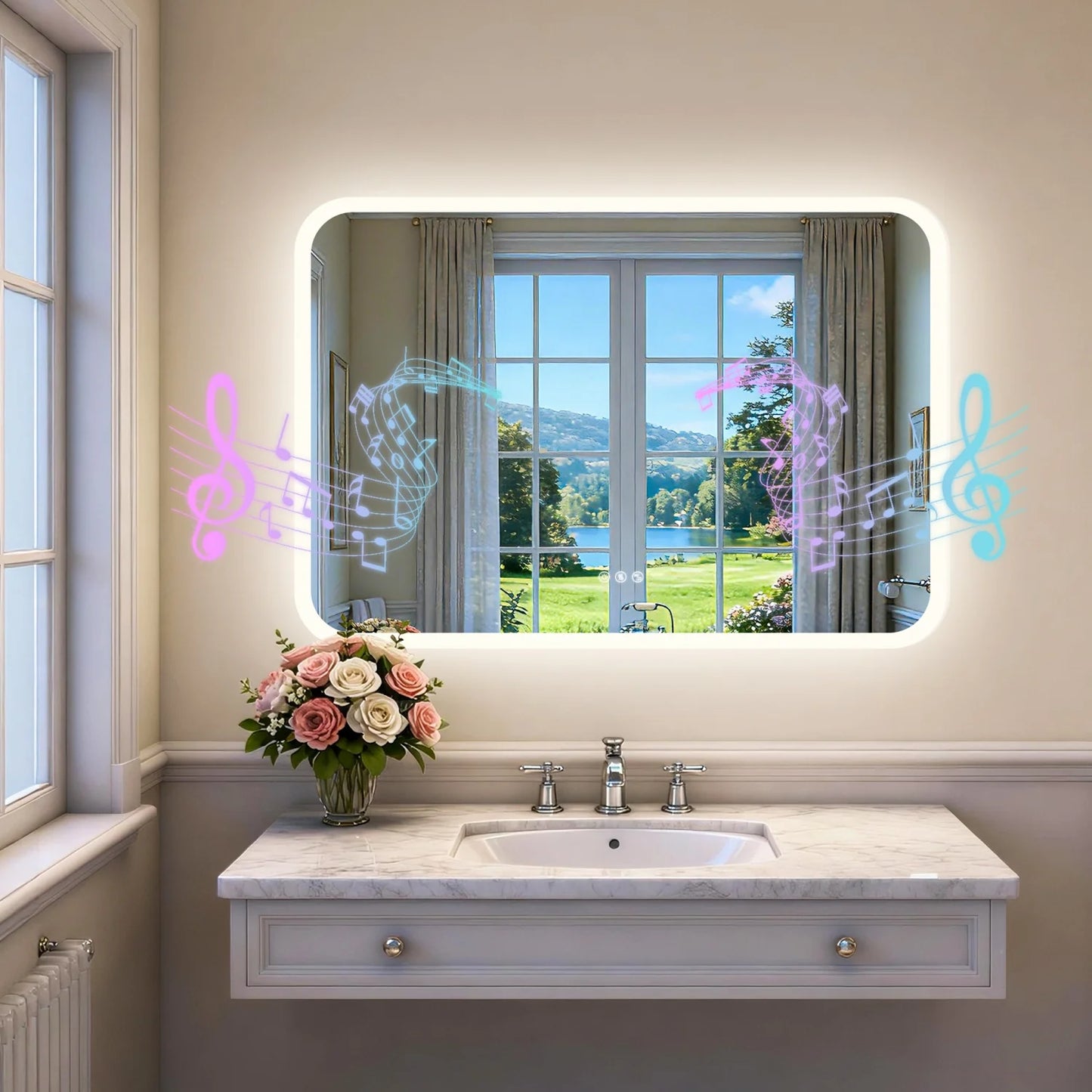 Rectangle LED Bathroom Mirror With Bluetooth Speaker Anti Fog Backlight Dimmable