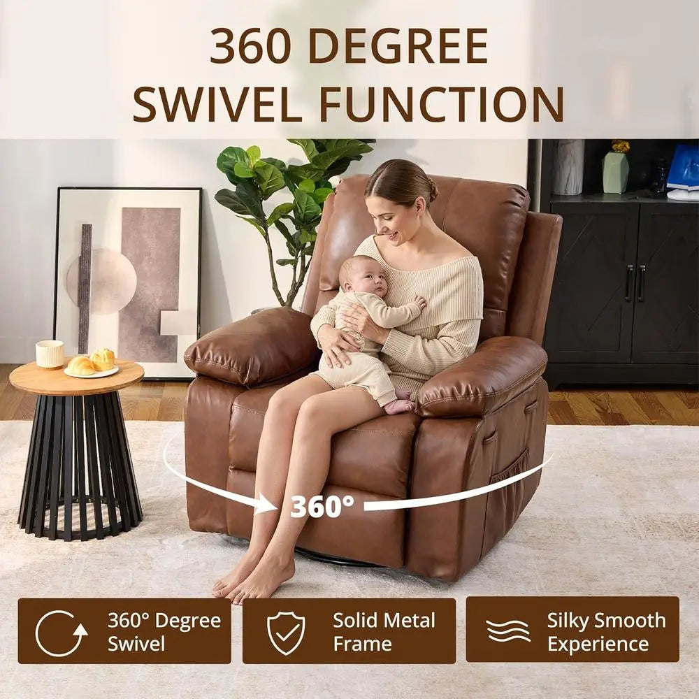 Leather Manual Recliner Chair With Swivel And Rocking Glider