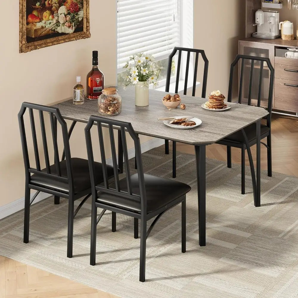 Ticify Chamfered Dining Table Set With Leather Upholstered Chairs