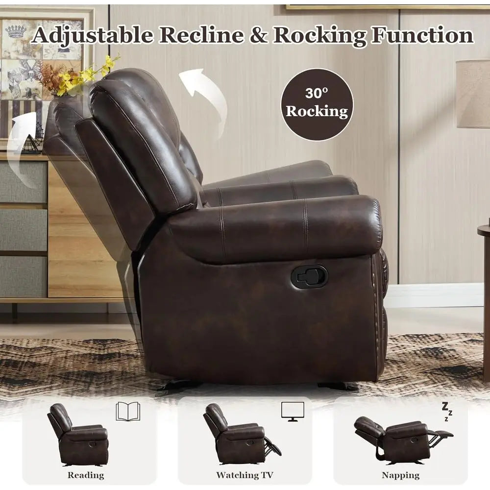 Leather Rocker Recliner Chair With Overstuffed Backrest And Armrests