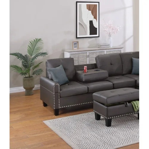 Faux Leather Sofa Set With Storage Footstool And Cup Holder