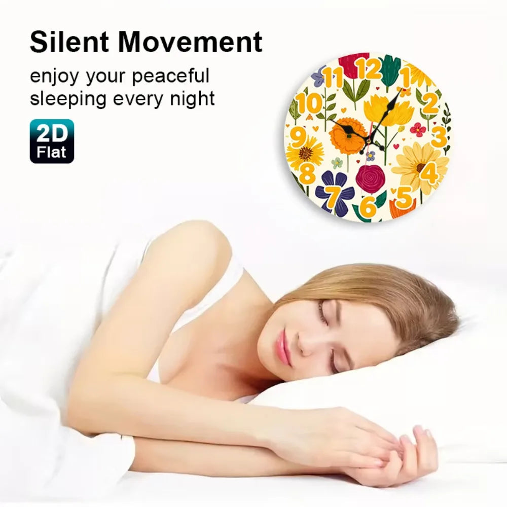 Wooden Wall Clock With Floral Art Design Silent Battery Powered