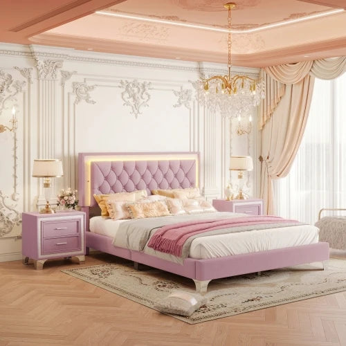 Queen Size Upholstered Platform Bed With LED Lights And Nightstands