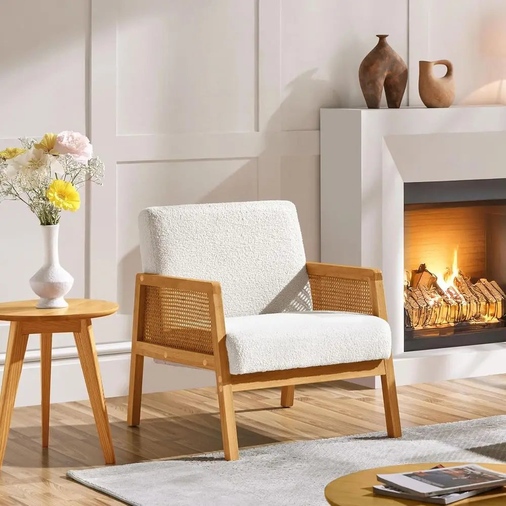 Rattan Accent Chairs Set Boho Vintage Boucle Fabric Reading Chairs