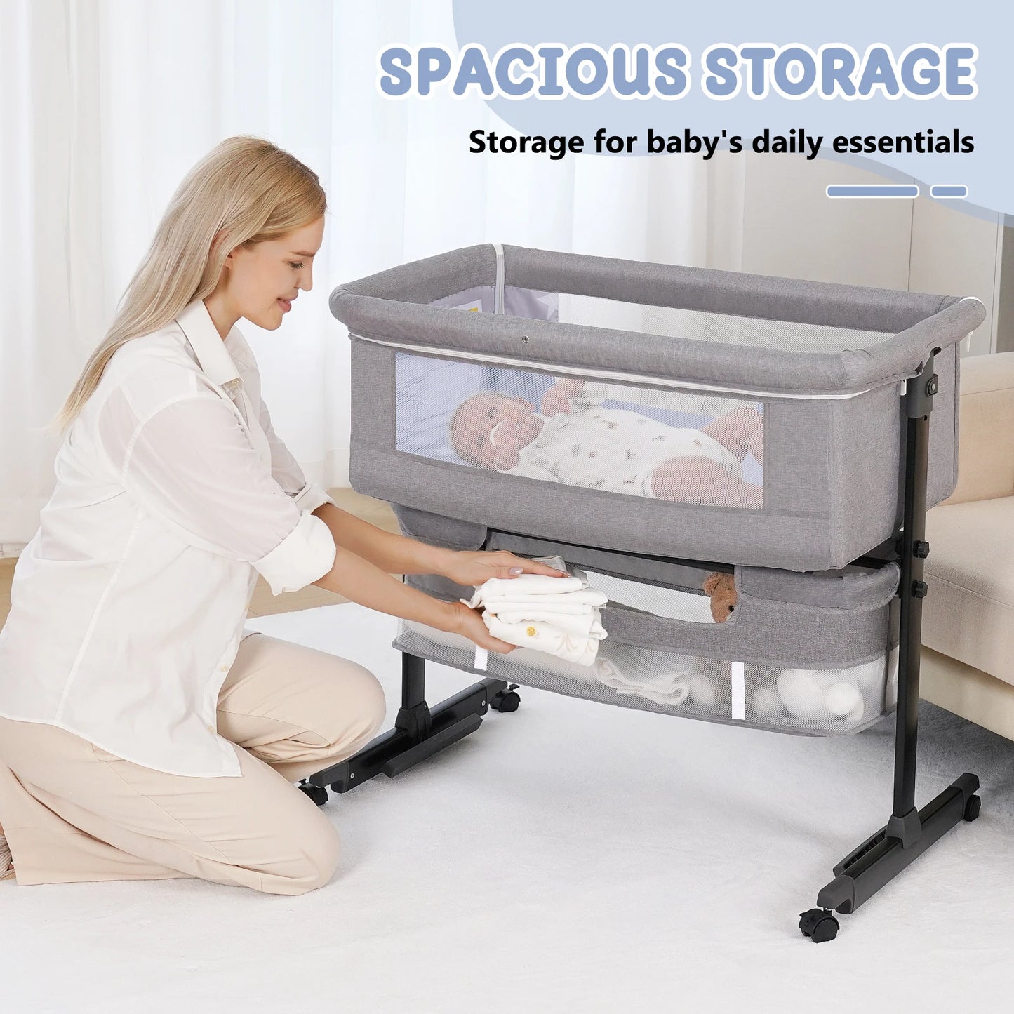 Baby Bedside Bassinet 3 in 1 Crib Portable Foldable