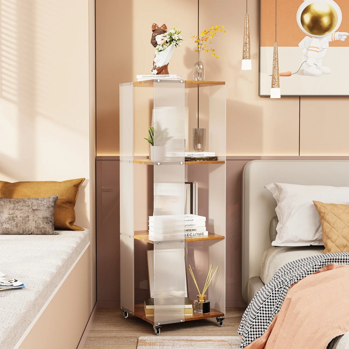 4 Tier Storage Bookshelf On Wheels With Acrylic Panels