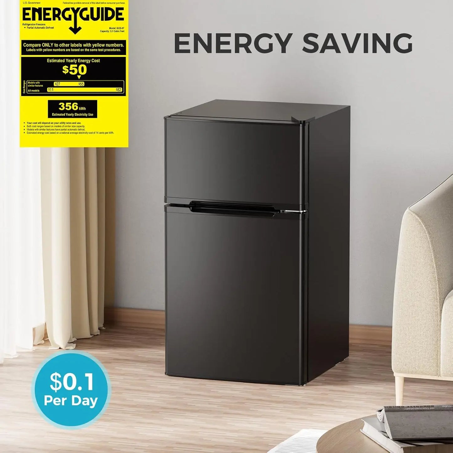 XMSJ Double Door Compact Refrigerator With Freezer For Bedroom