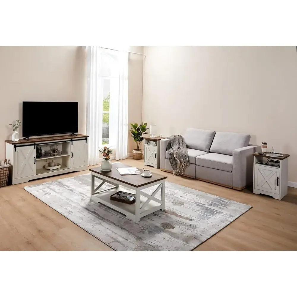Sliding Door TV Stand Coffee Table End Tables Side Table With Charging Ports