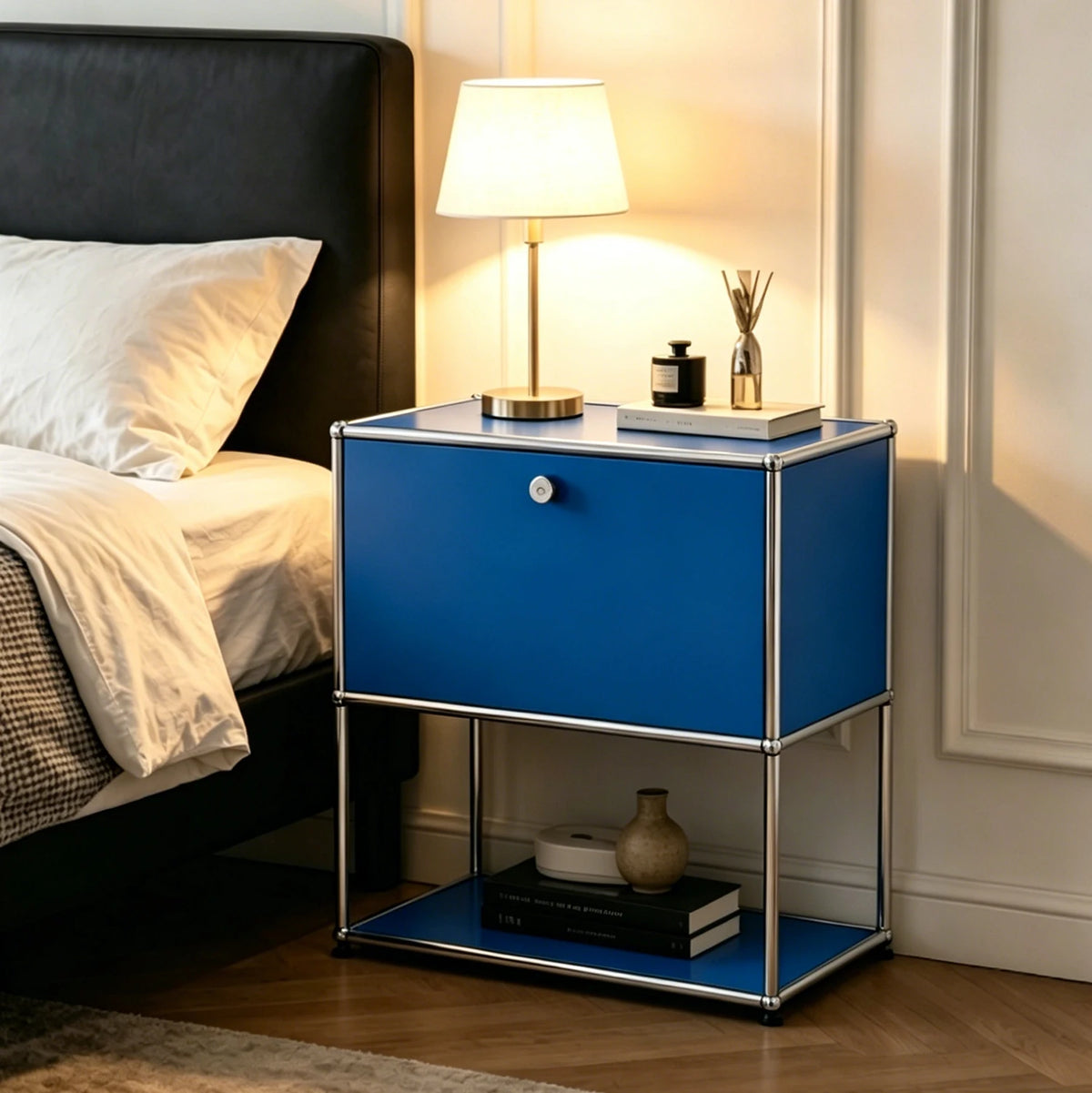 Modern Modular Metal Nightstand With Two Tier Open Storage Cabinet