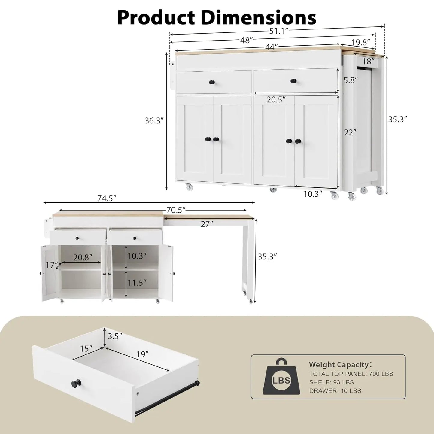 Extendable Kitchen Island With Rolling Cart And Spice Rack