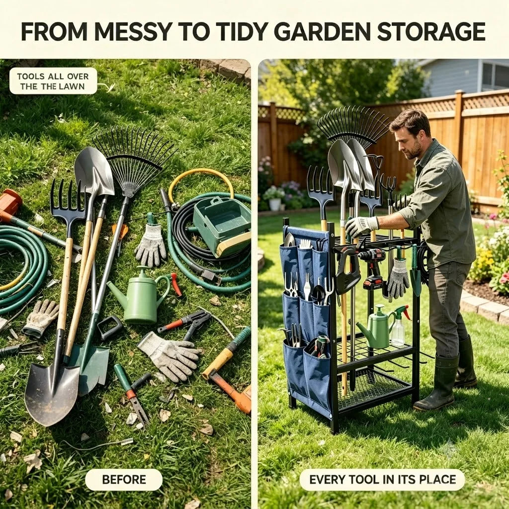 Garden Tool Storage Rack Heavy Duty Iron Organizer For Shovels And Rakes
