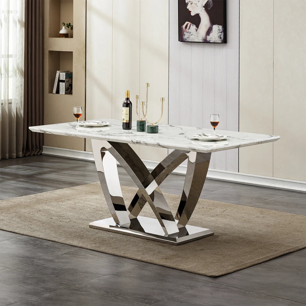 Dutrieux Luxury 6 Person Dining Table Modern Gold Legs Faux Marble