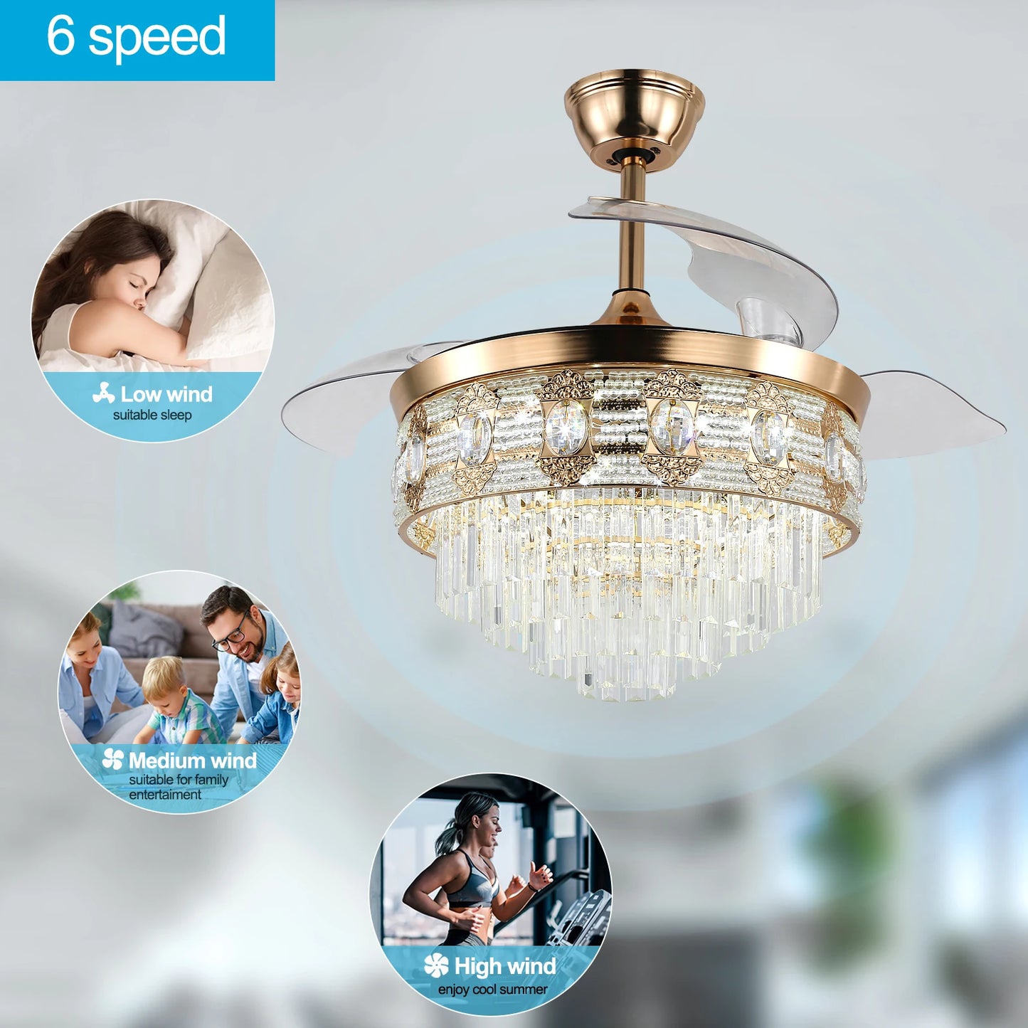 VETRULUS Smart Ceiling Fan Chandelier With Remote 6 Speed