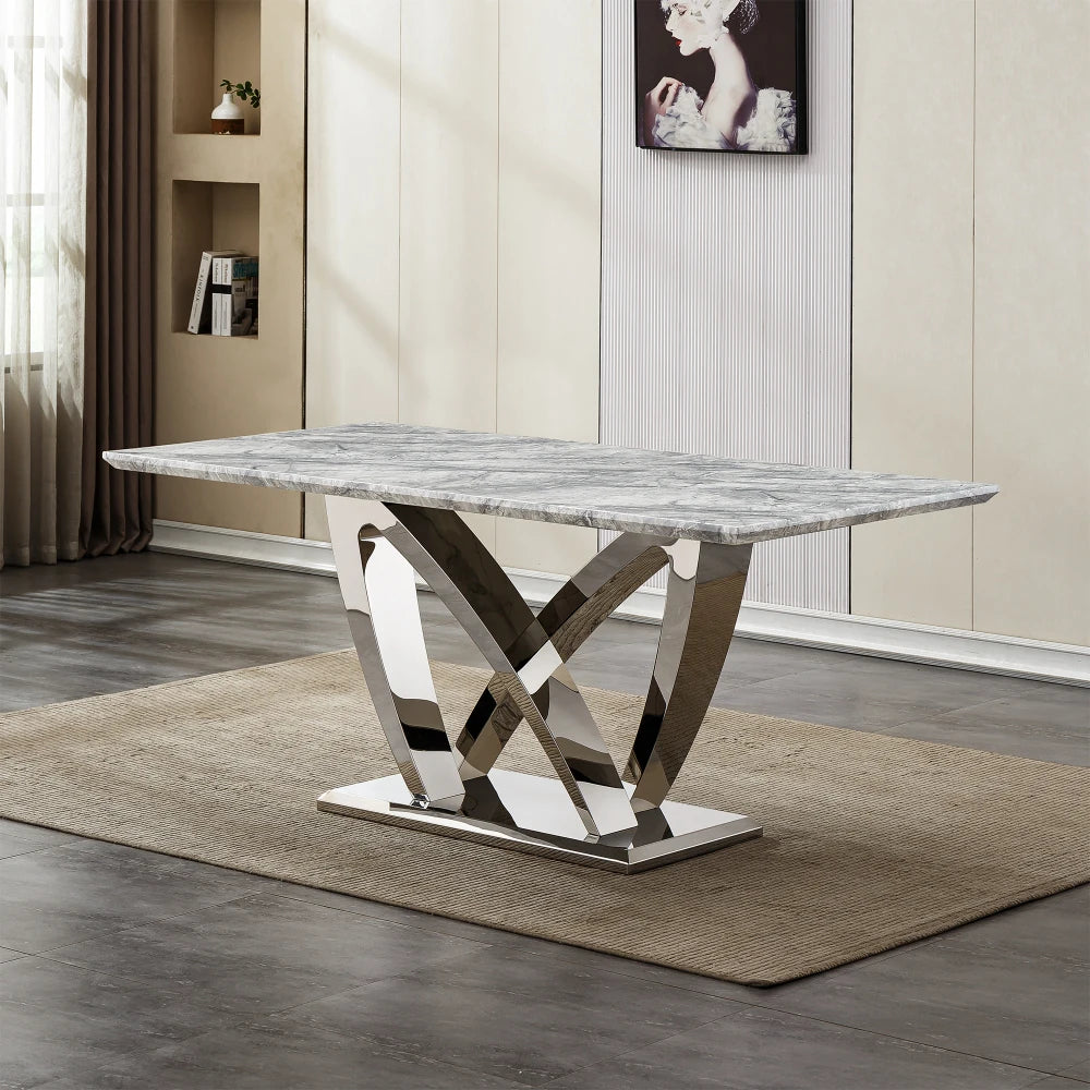 Dutrieux Luxury 6 Person Dining Table Modern Gold Legs Faux Marble