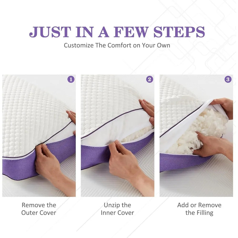 Adjustable Shredded Memory Foam Pillows Cooling Removable Cover 2 Pack