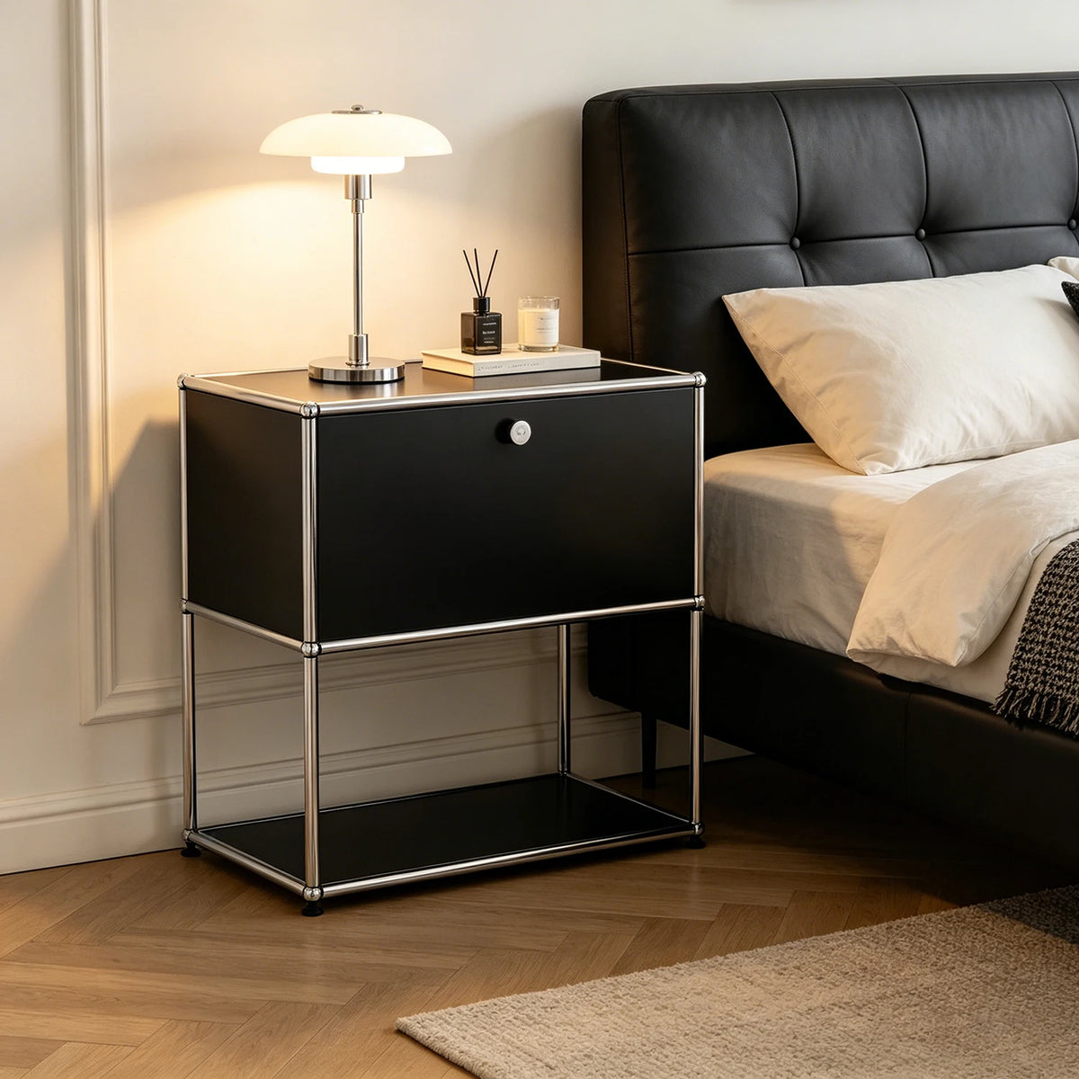 Modern Modular Metal Nightstand With Two Tier Open Storage Cabinet