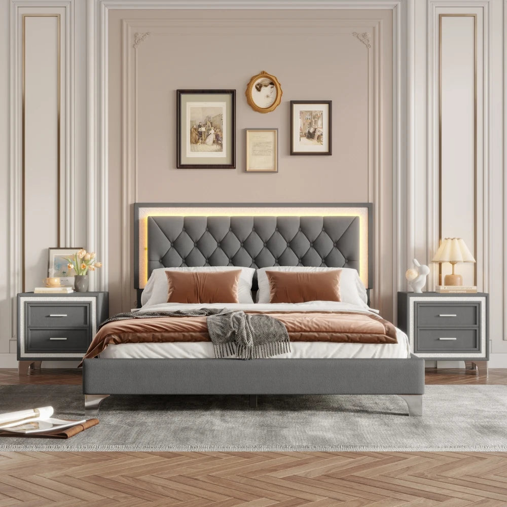Modern Upholstered Bedroom Set With LED Platform Bed And Nightstands