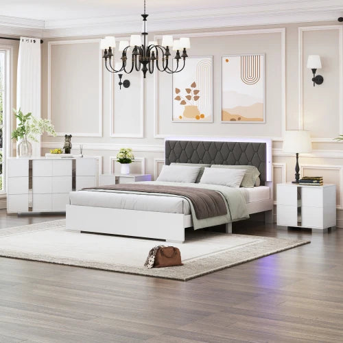 4-Piece Upholstered Bedroom Set With LED Lights And Mirrored Nightstands