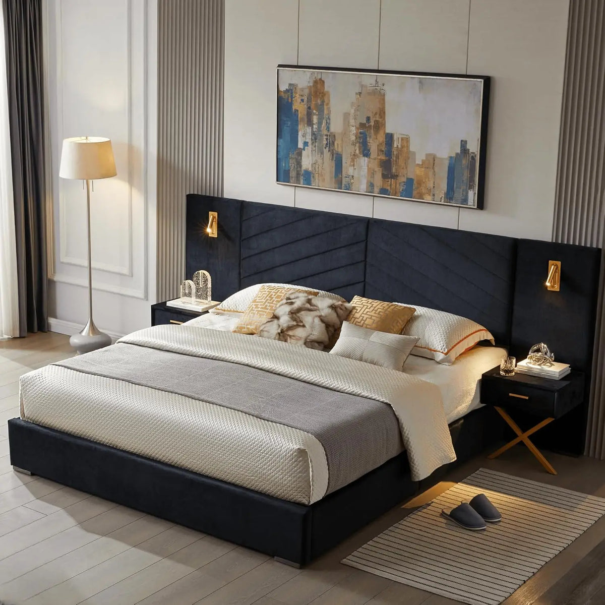 DIGGERA Upholstered Platform Bed Frame With LED Lights And Nightstands