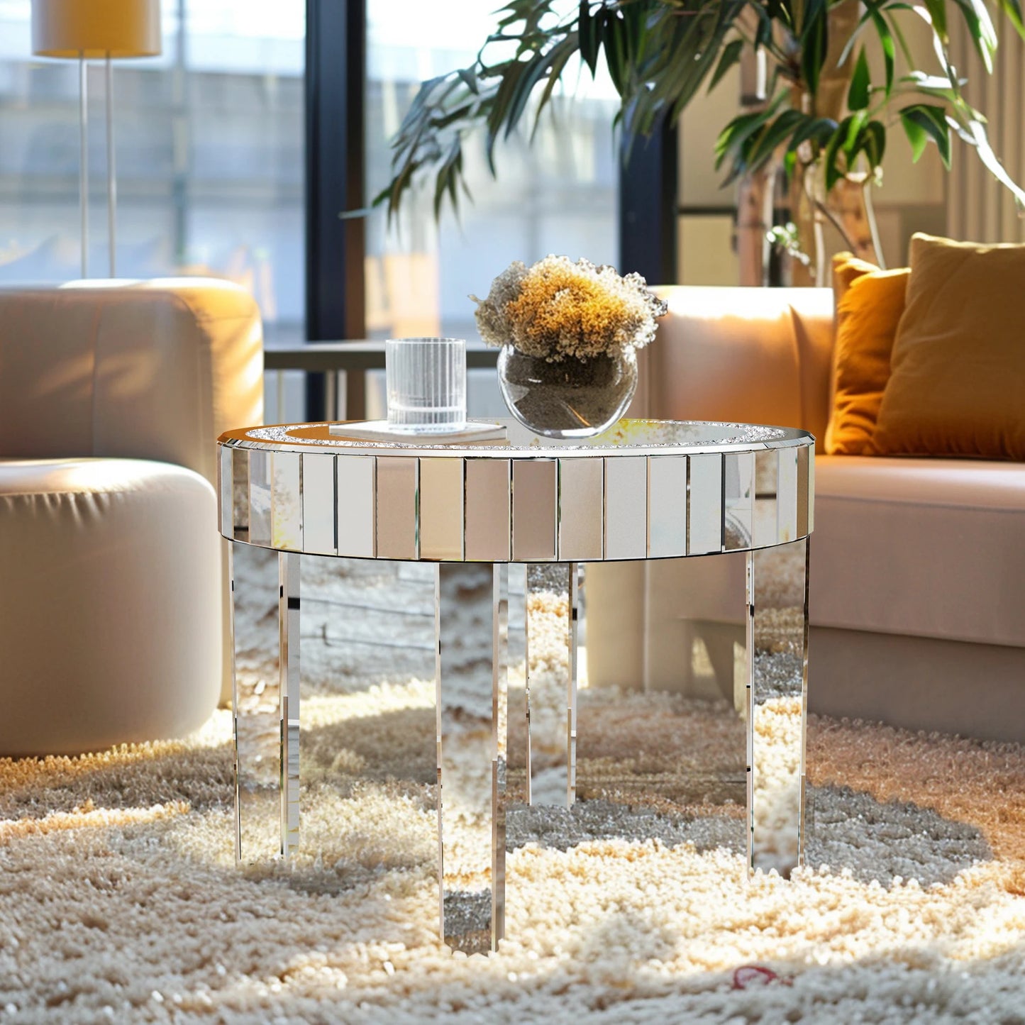 Wisfor Round Mirrored Accent Table Crystal Mirror Legs Diamond Edge