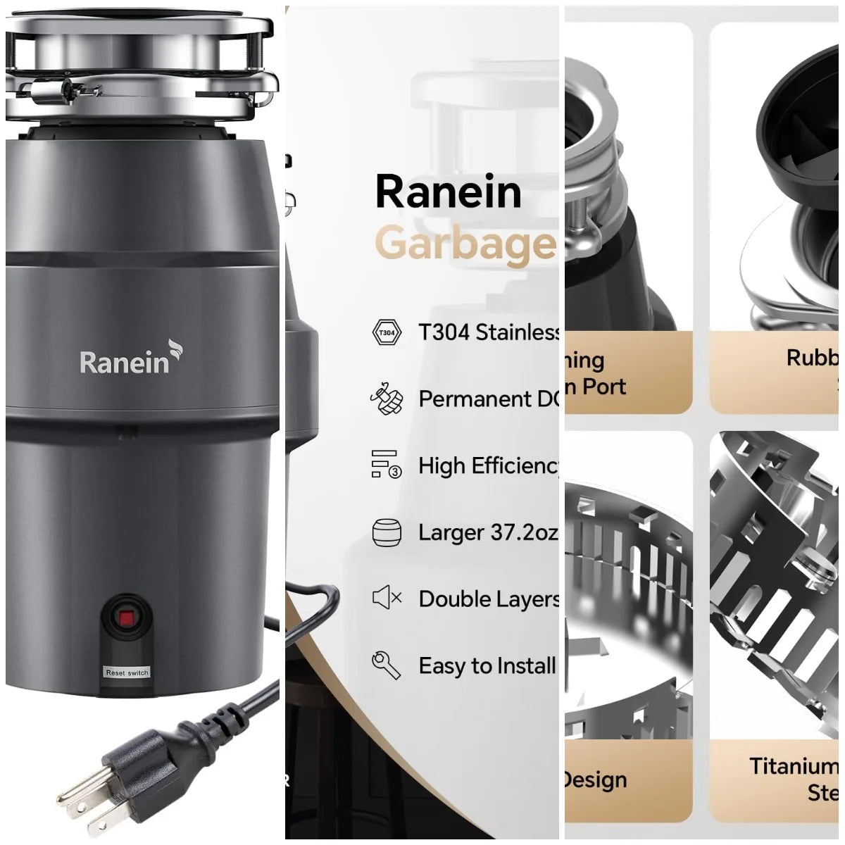 XMSJ Half HP Garbage Disposal With Cord Stainless Steel Grinding