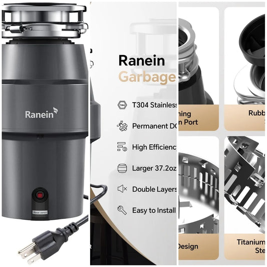 XMSJ Half HP Garbage Disposal With Cord Stainless Steel Grinding