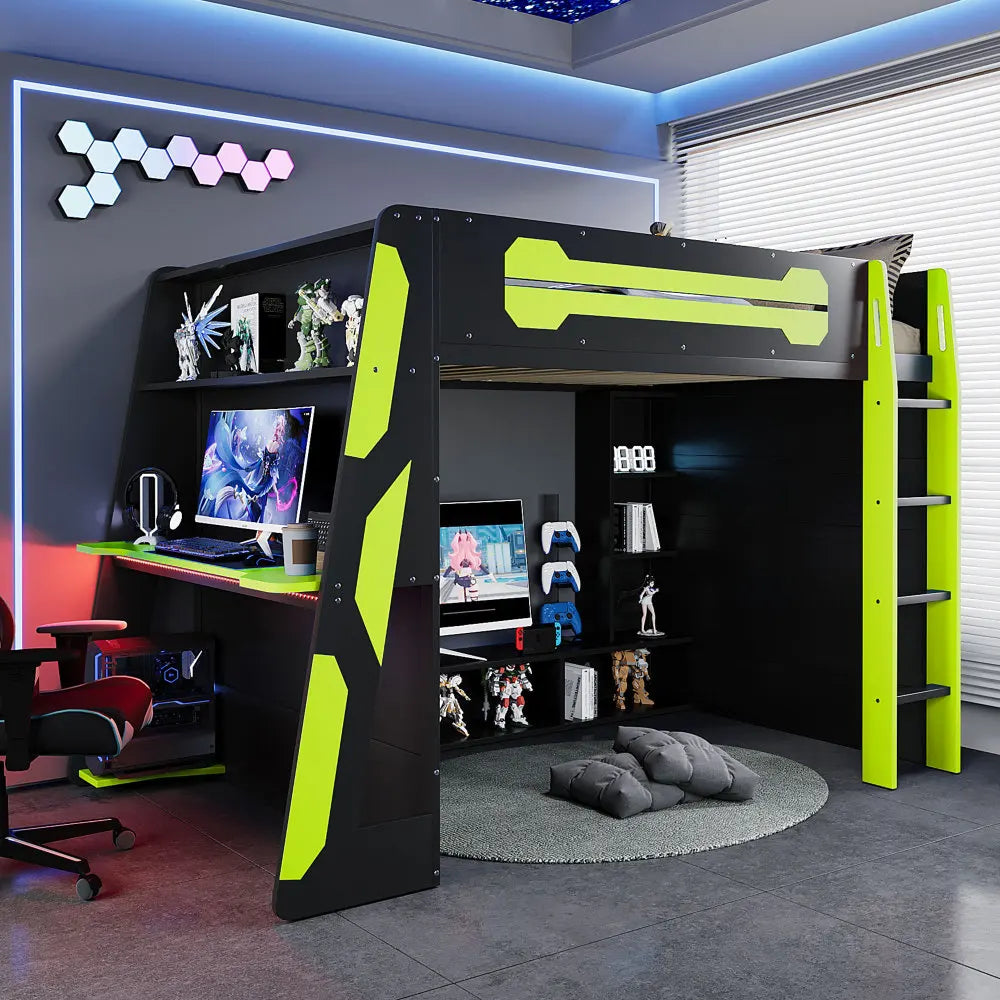 Solid Wood Loft Bed With Desk And Multi Storage Shelves
