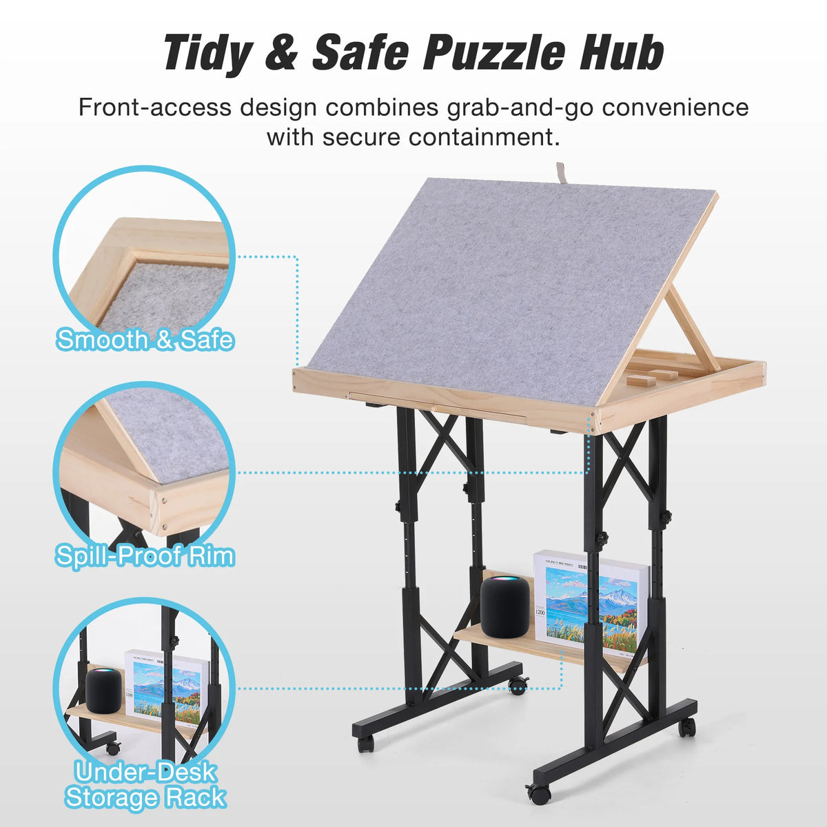 Adjustable Wooden Puzzle Table with Tilting Board and Storage Drawers