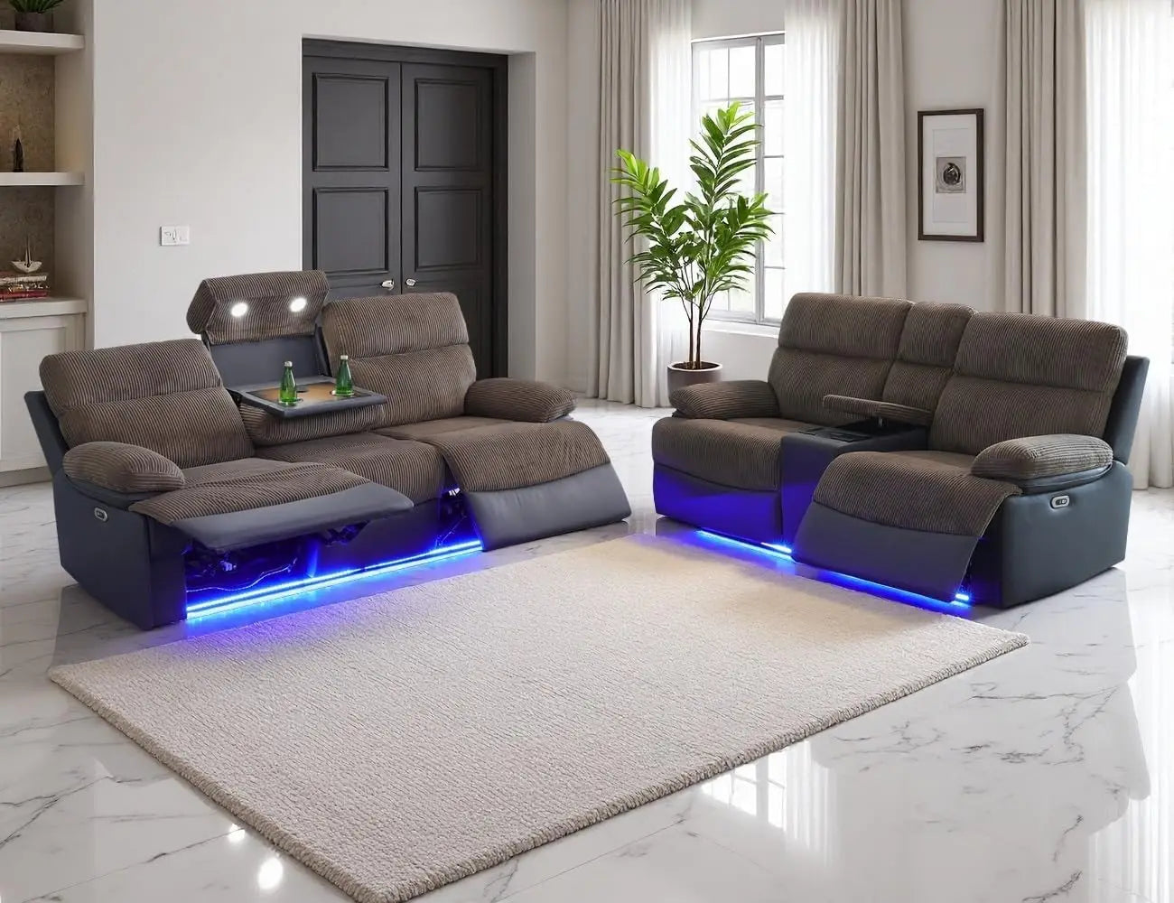 Loveseat Power Recliner Sofa With LED Lighting Velvet Upholstery