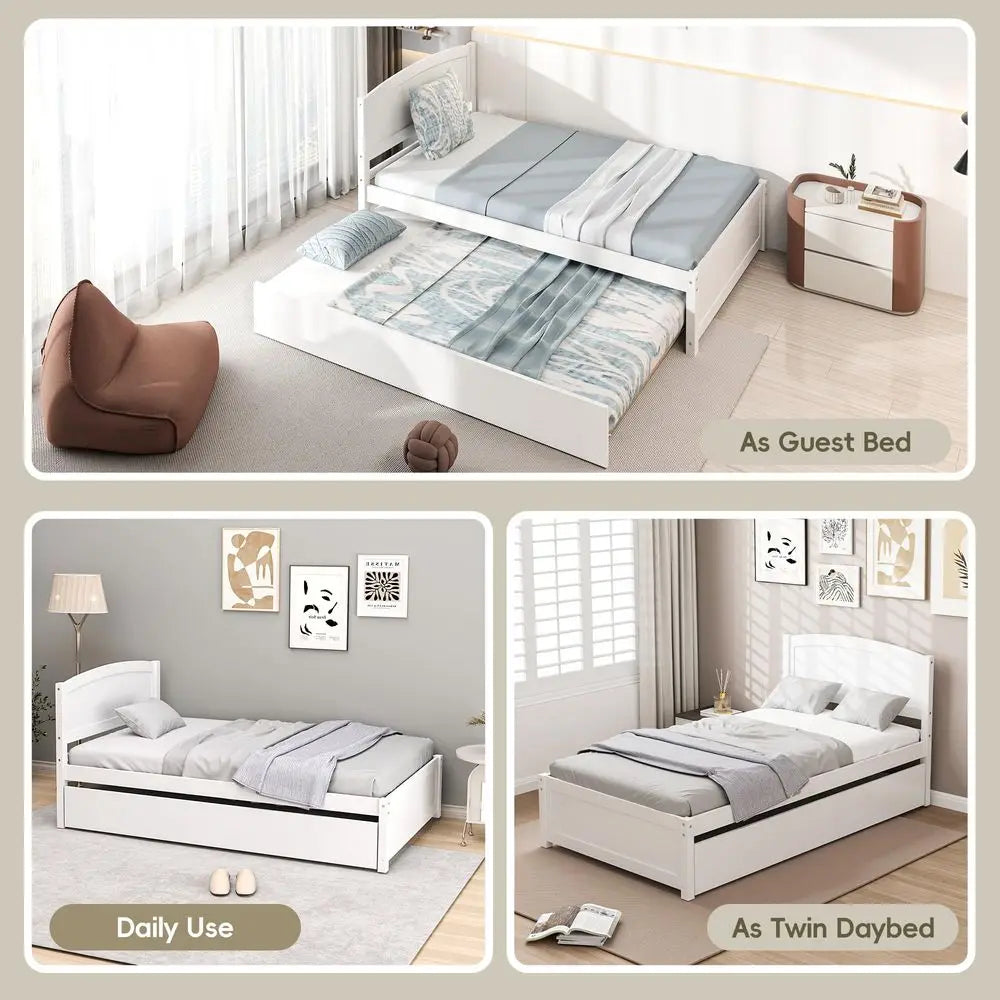 Pine Wood Pull Out Trundle Daybed With Headboard And Slats