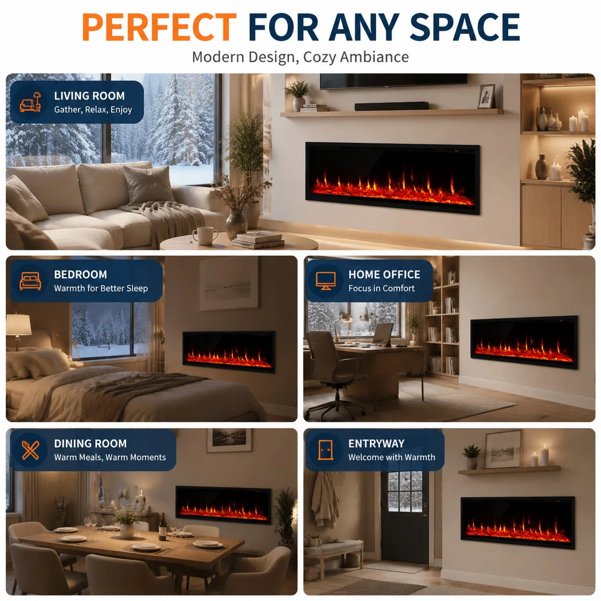 ANIXOL Recessed Wall Mounted Linear Electric Fireplace Heater With Remote
