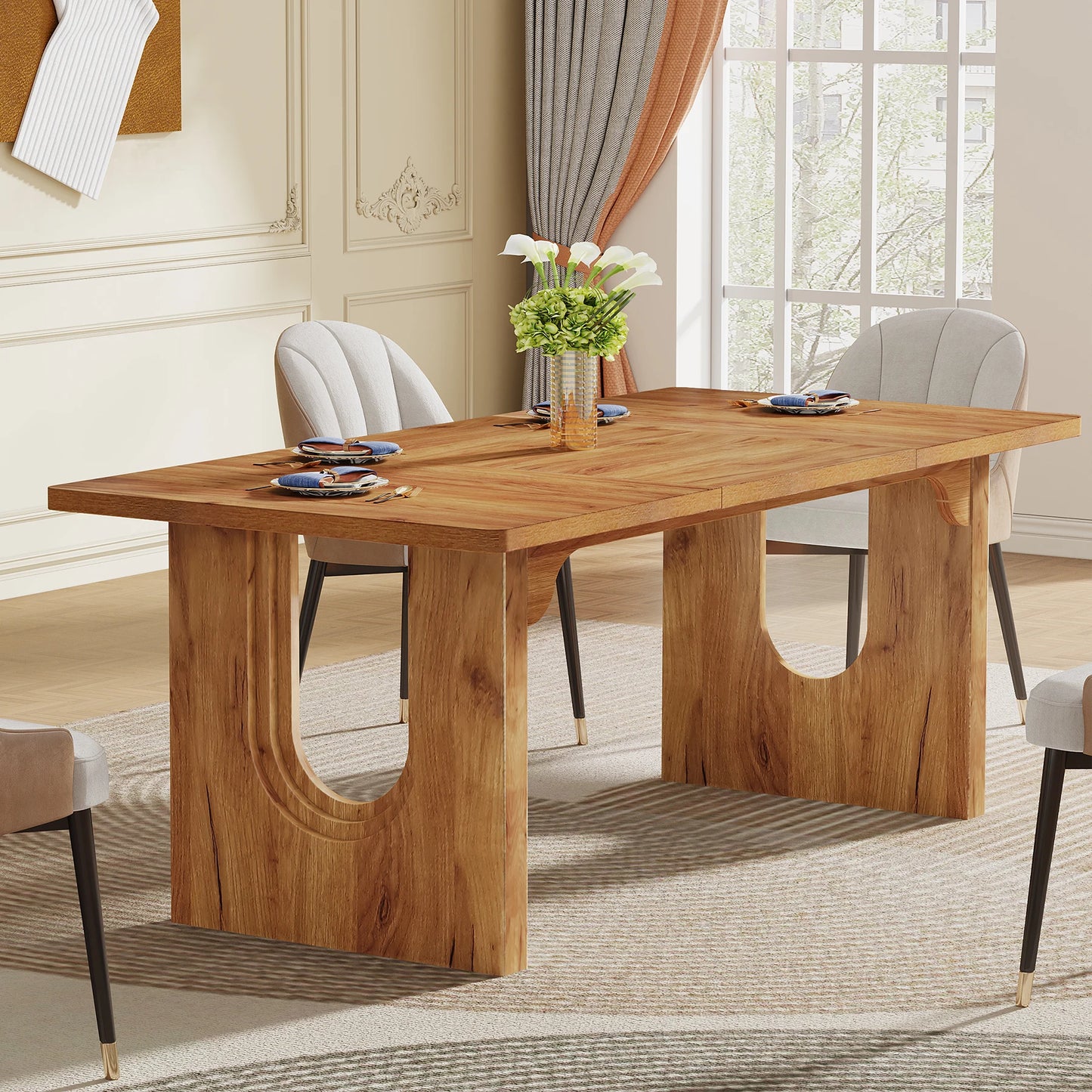 LITTLE TREE Modern Dining Table With Wood Pedestal Base