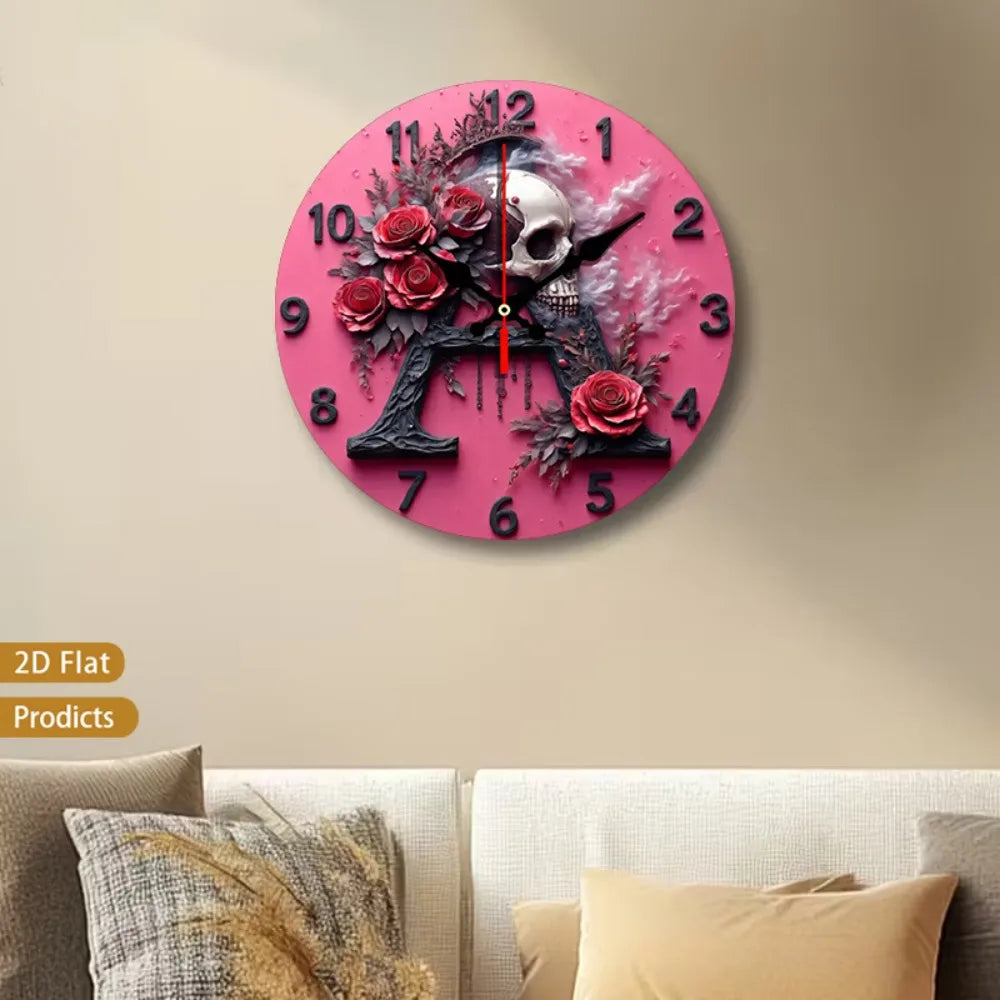 Gothic Skull And Rose Wall Clock Silent Non Ticking