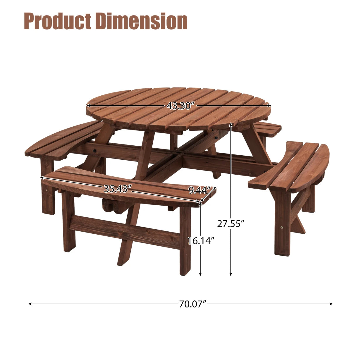 Wooden Outdoor Picnic Table With Built In Benches For Garden