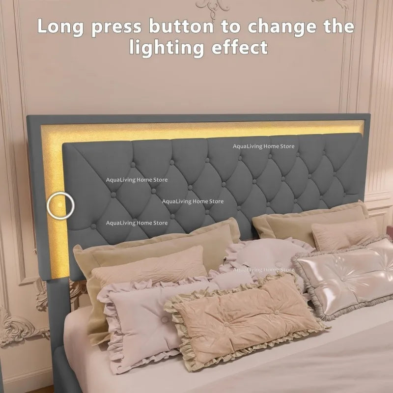 Modern Upholstered Bedroom Set With LED Platform Bed And Nightstands