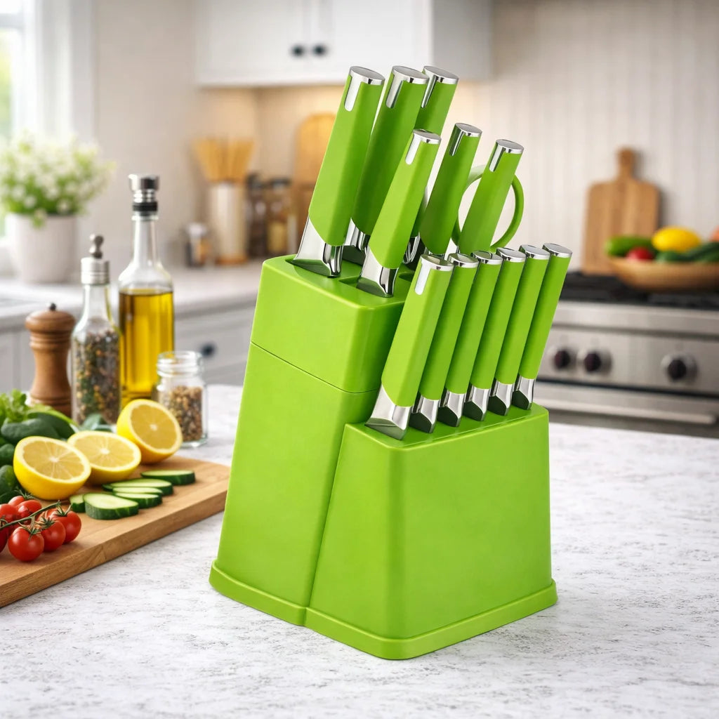 Knife Block Set With 6 Steak Knives High Carbon Stainless