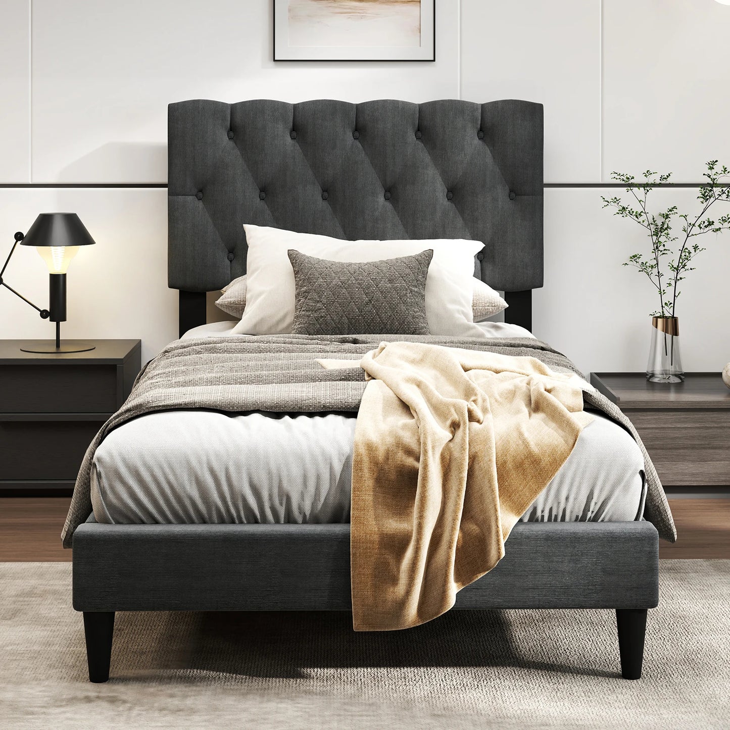 HOMASIS Bed Frame With Button Tufted Headboard And Wooden Slats
