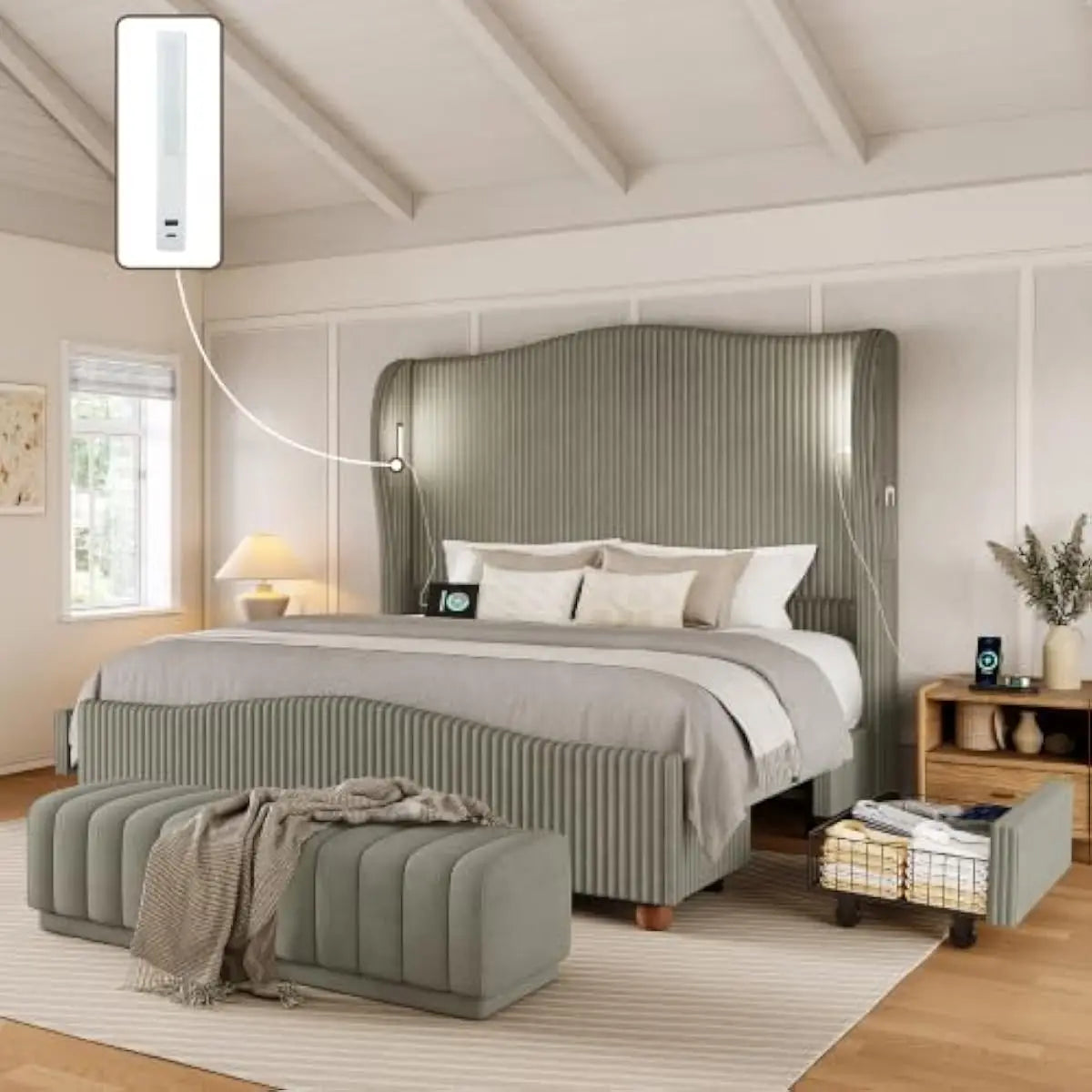 Upholstered Bed With Tall Wingback Headboard, LED Lighting And Storage