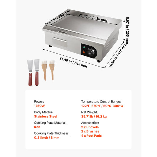 VEVOR Commercial Electric Griddle 122-570 F Adjustable Temperature Control