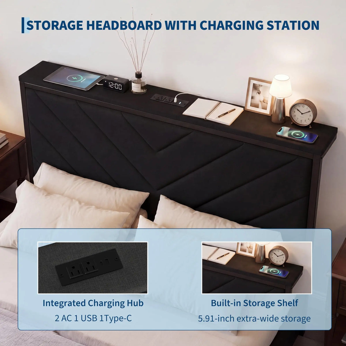 HiMISS Metal Platform Bed With Storage Drawers And Charging Station