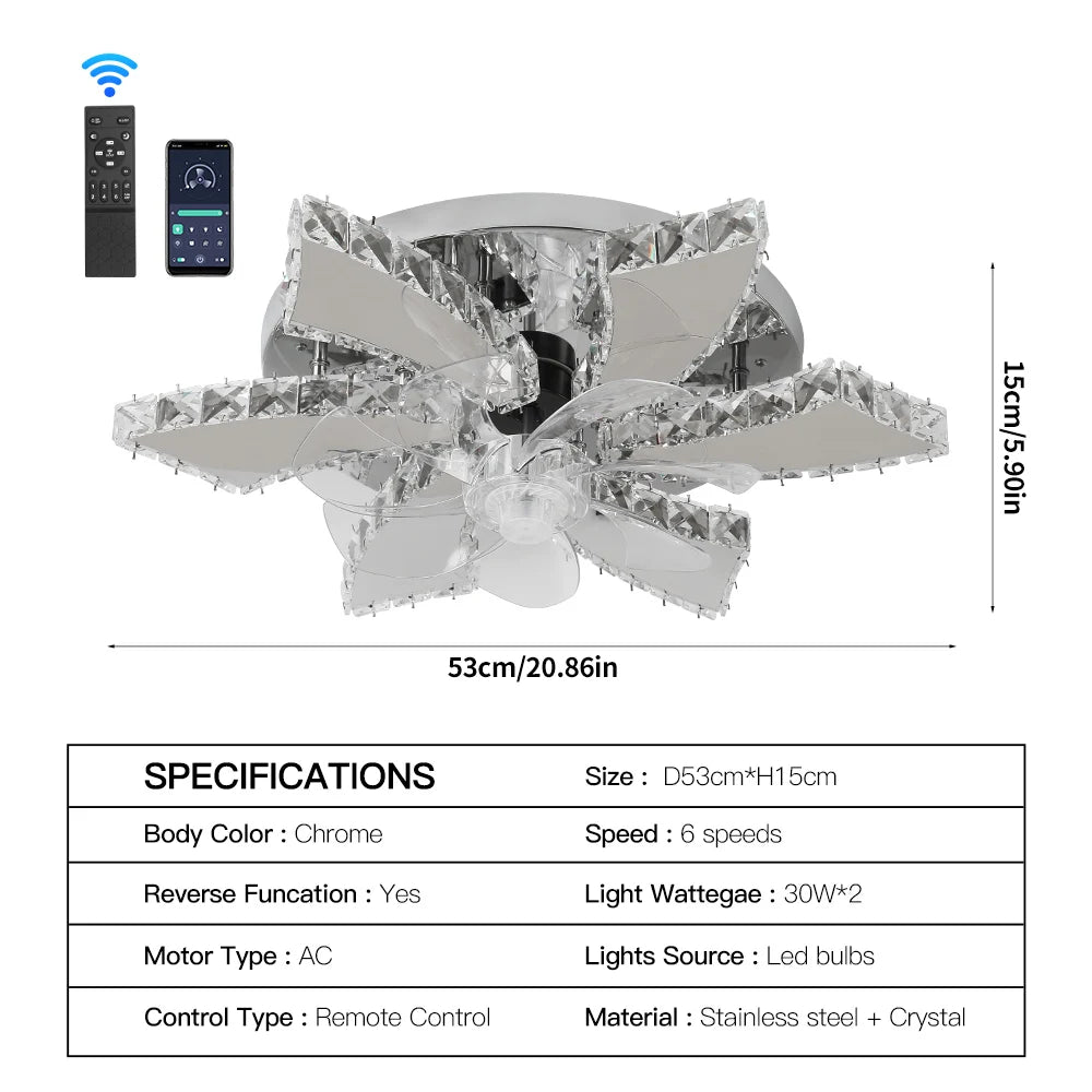 VETRULUS Modern Crystal LED Ceiling Fan Chandelier Smart Remote