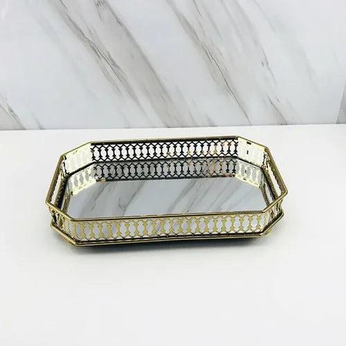 Vintage Metal Mirrored Vanity Tray For Makeup And Jewelry Storage