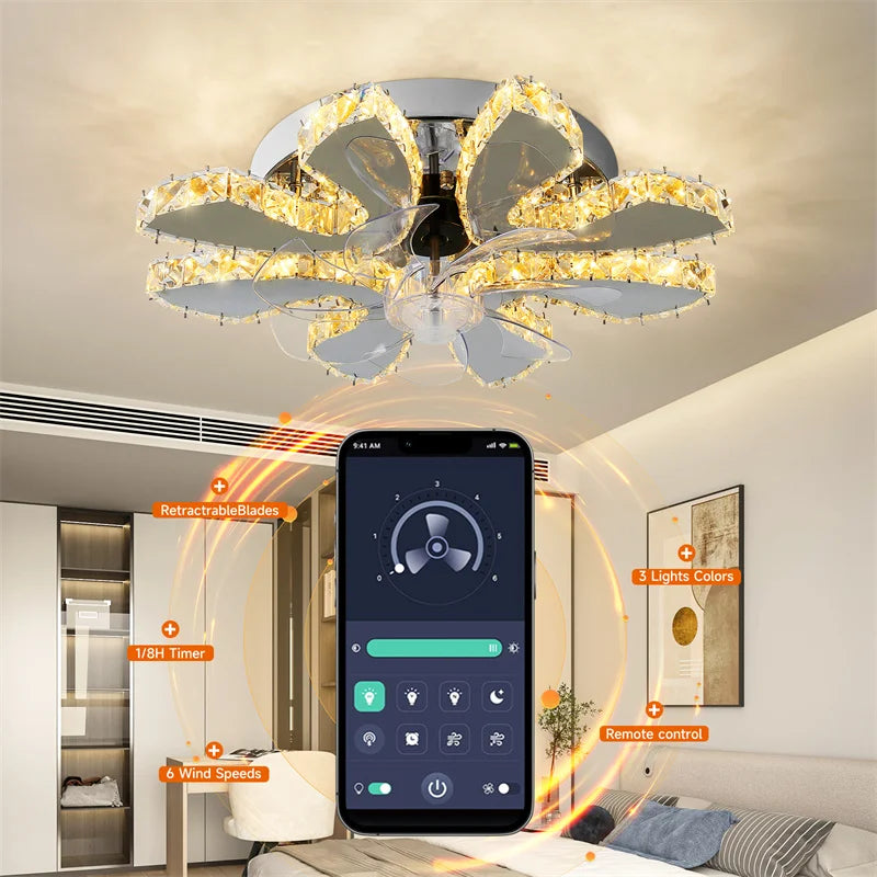 GreeLustr Retractable Crystal Ceiling Fan With Remote