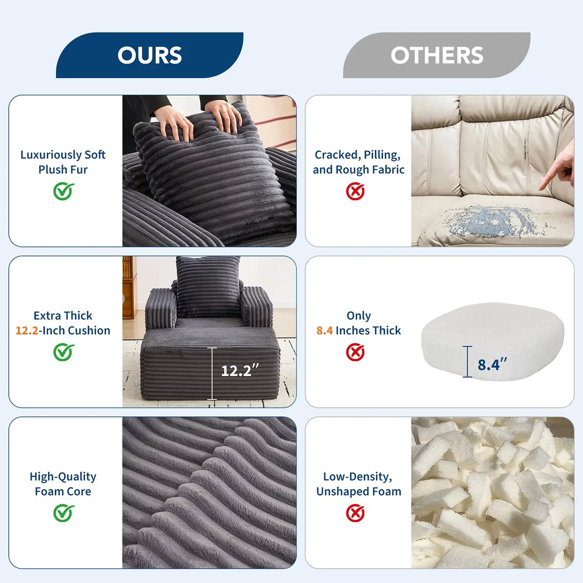 HiMISS Corduroy Cloud Chaise Lounge Sofa With Deep Seat