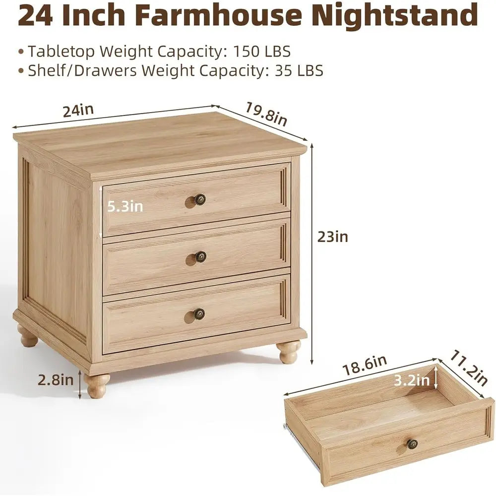 Farmhouse Nightstand Set of 2 with Three Drawers Metal Handles