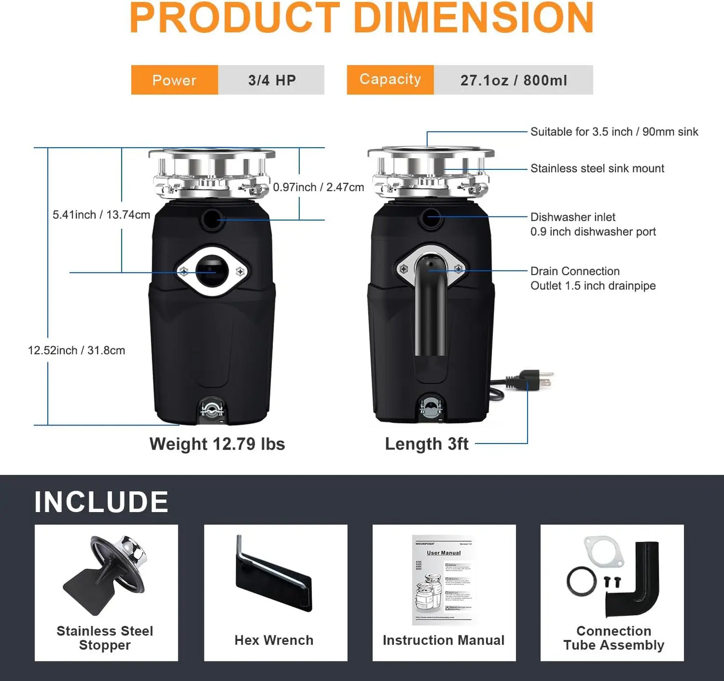 XMSJ 3/4 HP Garbage Disposal For Kitchen Sink Quiet With Power Cord