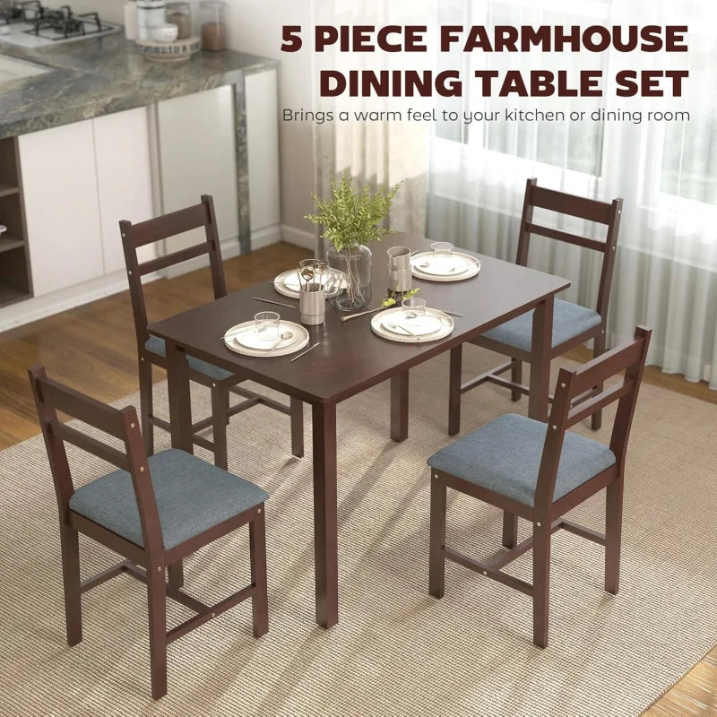 Farmhouse Five Piece Solid Wood Dining Set With Upholstered Chairs