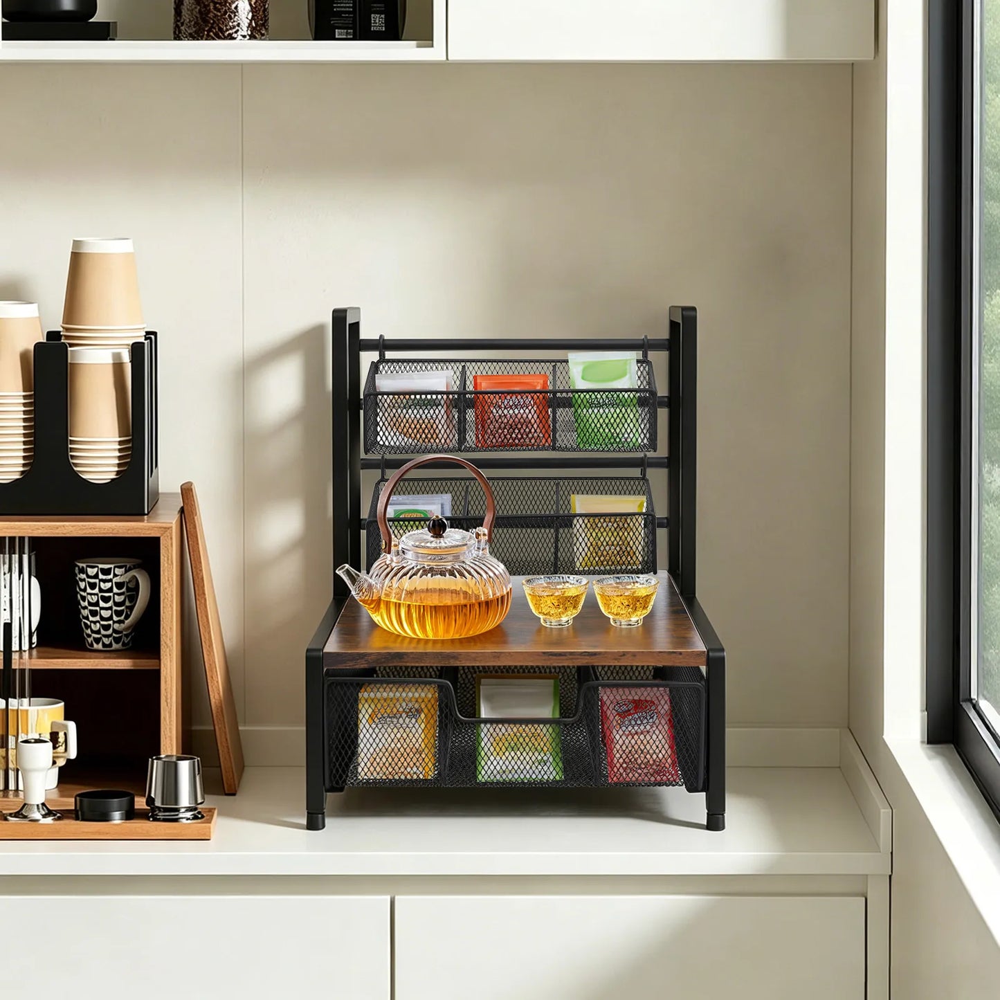 Kitchen Tea Bag Holder Counter Organizer Space Saver With Wire Baskets