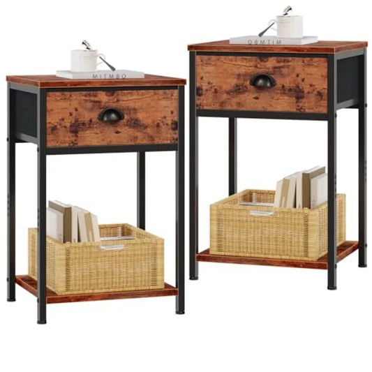 Retro Nightstand Set With Fabric Drawer And Storage Shelf
