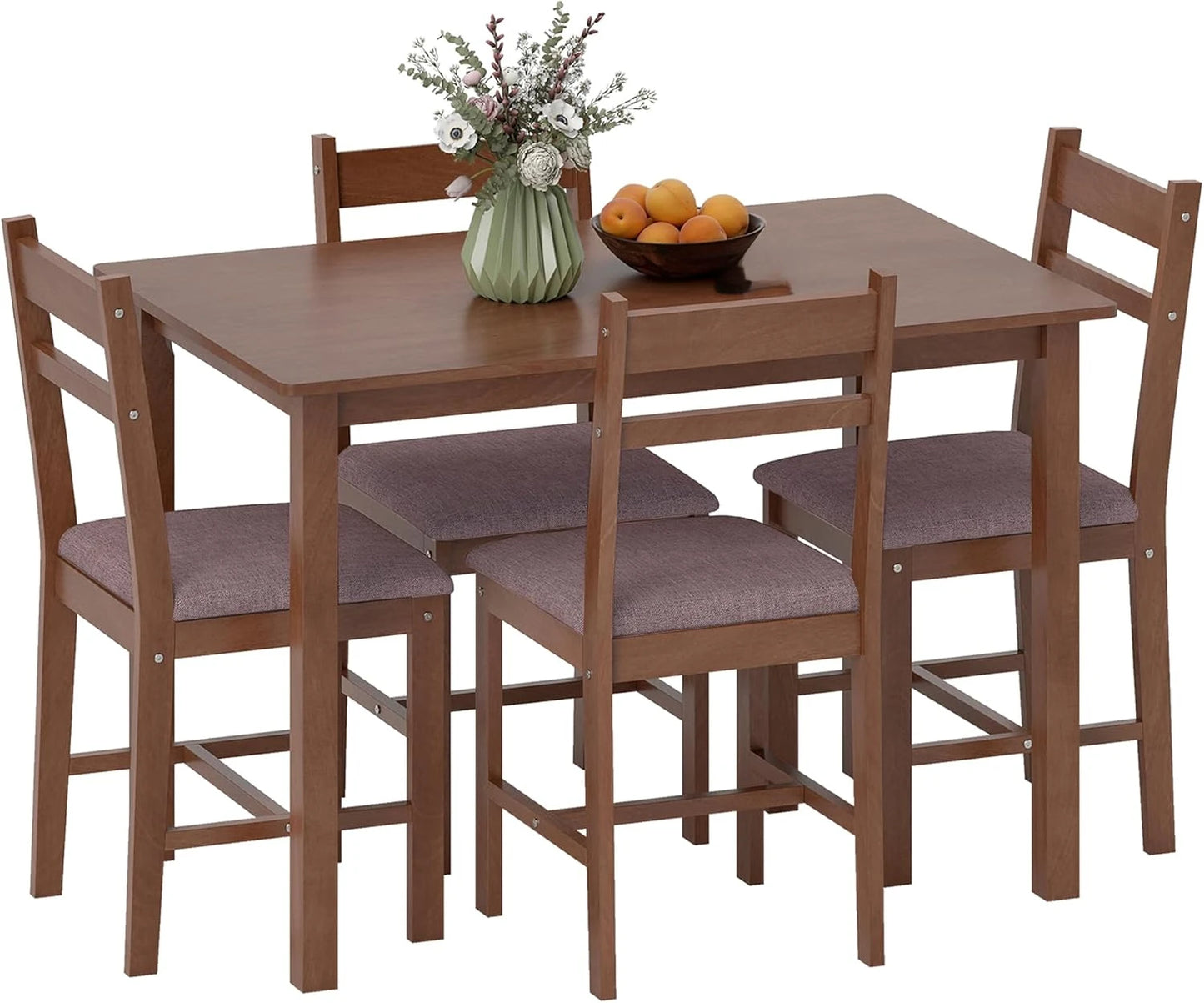 Farmhouse Five Piece Solid Wood Dining Set With Upholstered Chairs